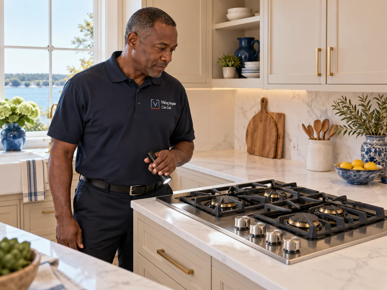 Illustration of a technician wearing the Viking Repair Cos Cob logo beside a Thermador cooktop