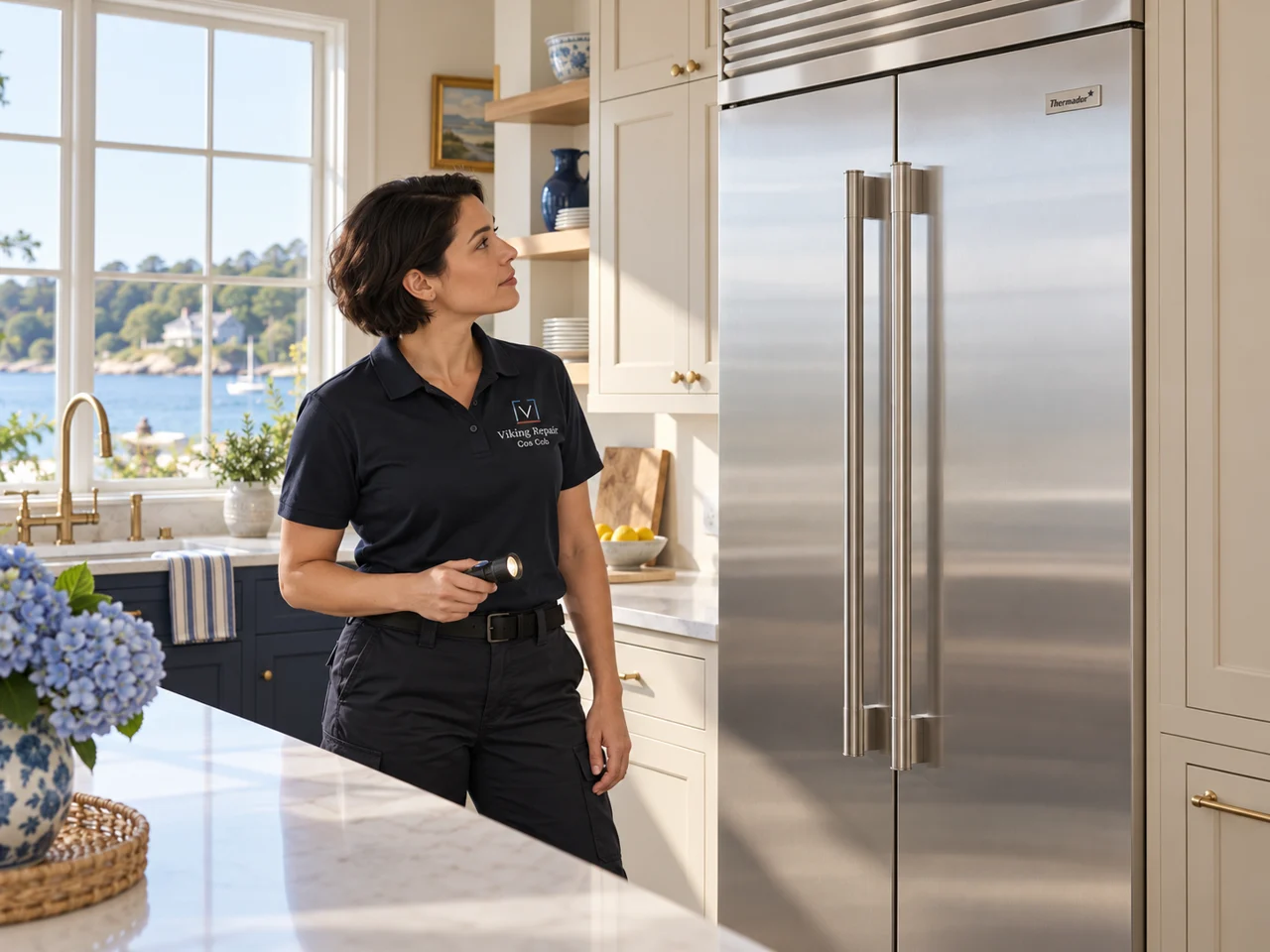 Illustration of a technician wearing the Viking Repair Cos Cob logo beside a Thermador refrigerator