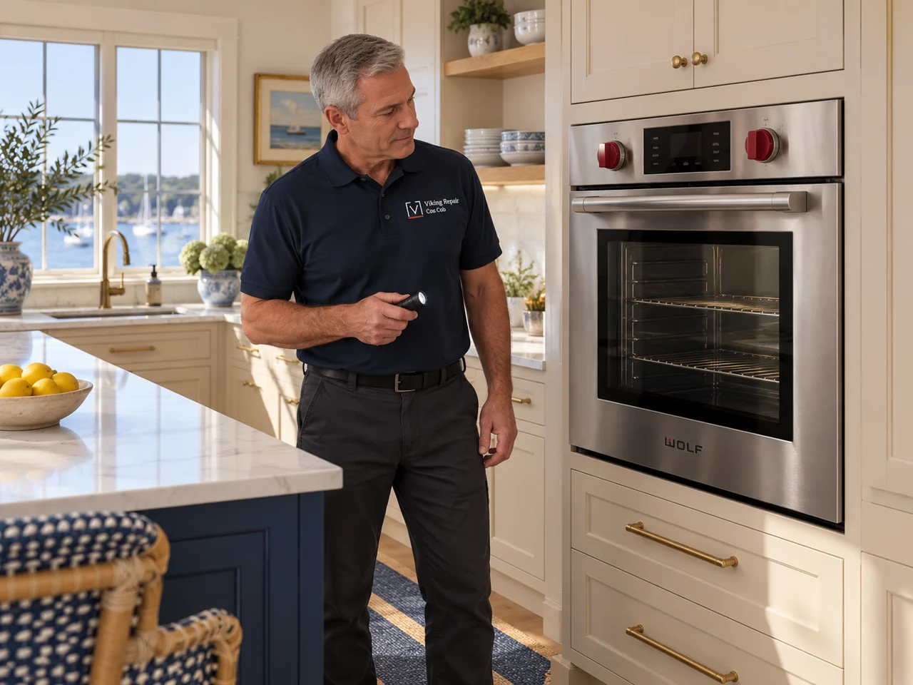 AI illustration of an appliance technician wearing Viking Repair Cos Cob branding